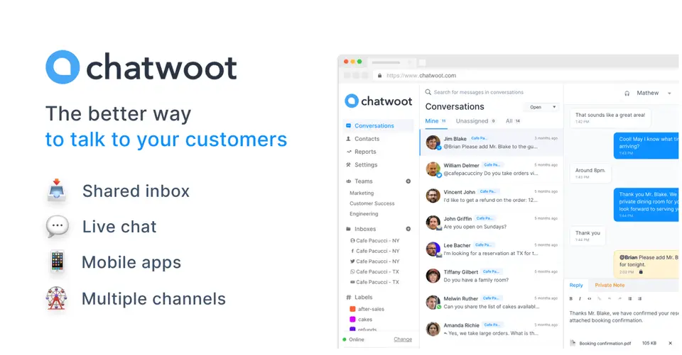 Chatwoot, as pictured on chatwoot.com
