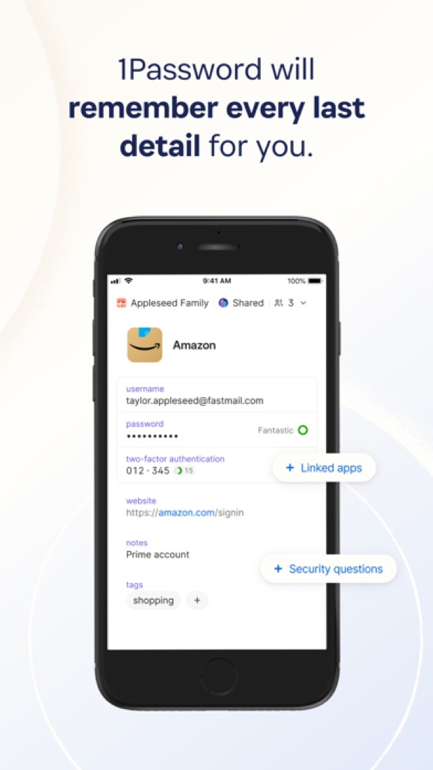 1Password on an iPhone: a saved login with its password and two-factor code.