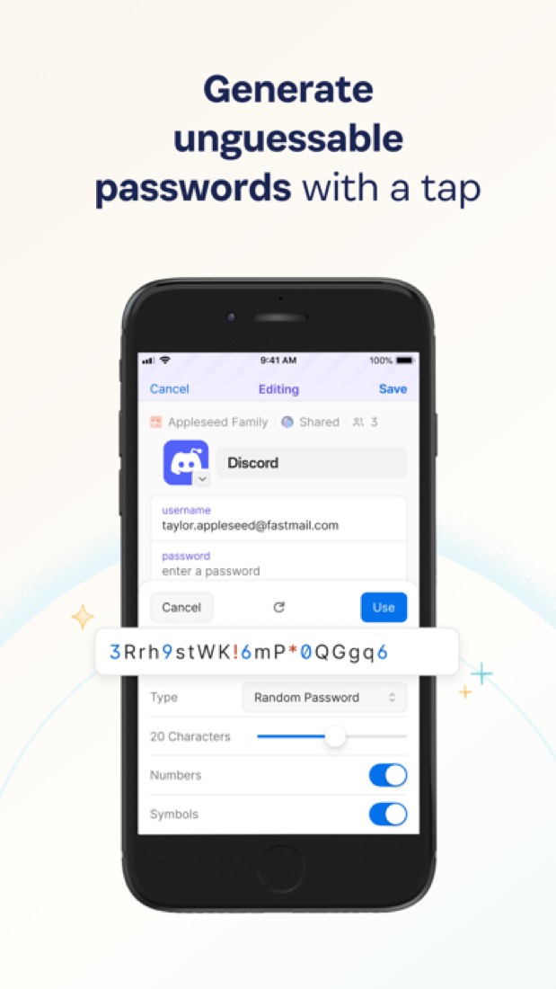 1Password on an iPhone: the generator making a 20-character password.