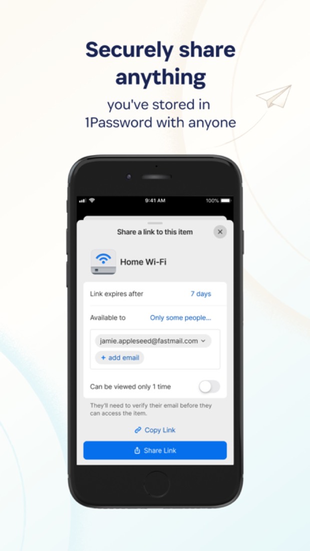 1Password on an iPhone: sharing an item by a link that expires after 7 days.