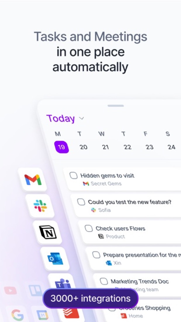 Akiflow on an iPhone: today's tasks, pulled in from Gmail, Slack, Notion and Outlook.