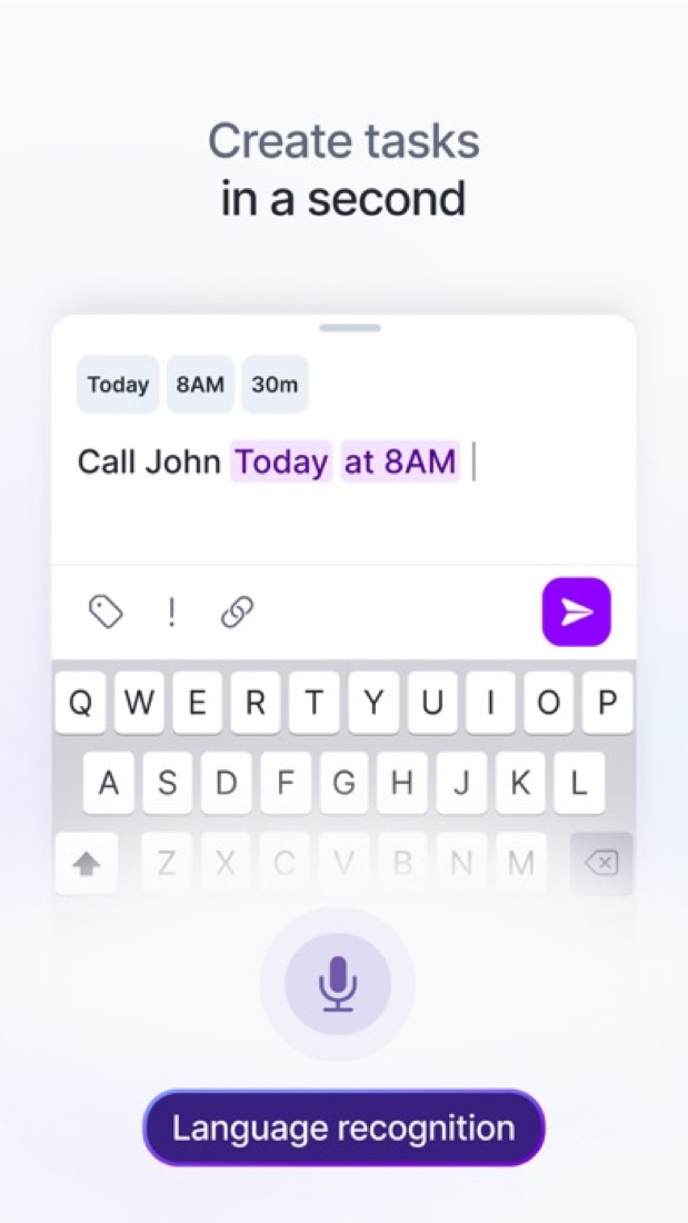 Akiflow on an iPhone: typing a task and having the day and time picked out.