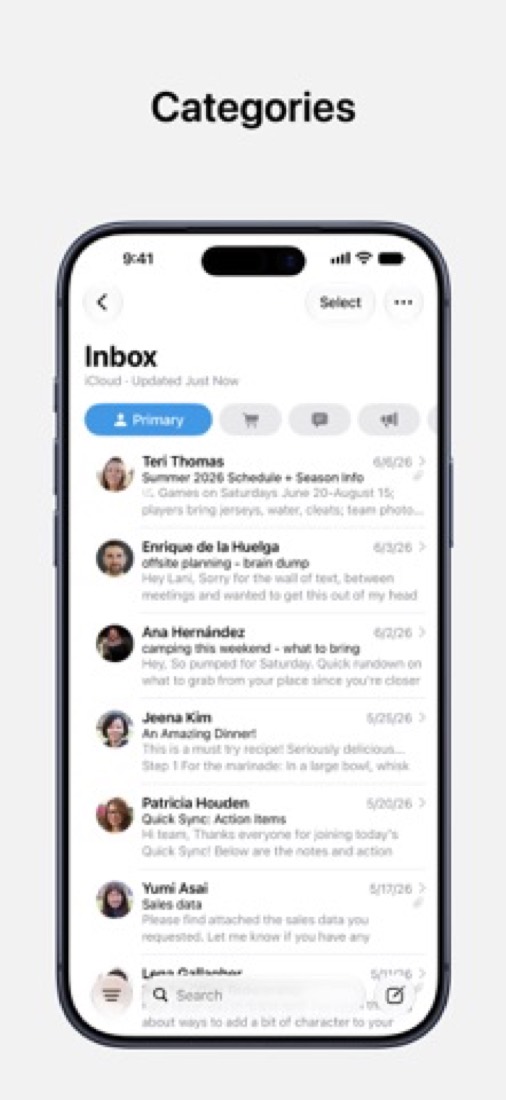 Apple Mail on an iPhone: the inbox on Primary, with the other categories along the top.