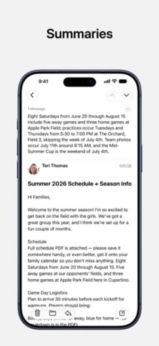 Apple Mail on an iPhone: a summary above a long email about a team's summer schedule.