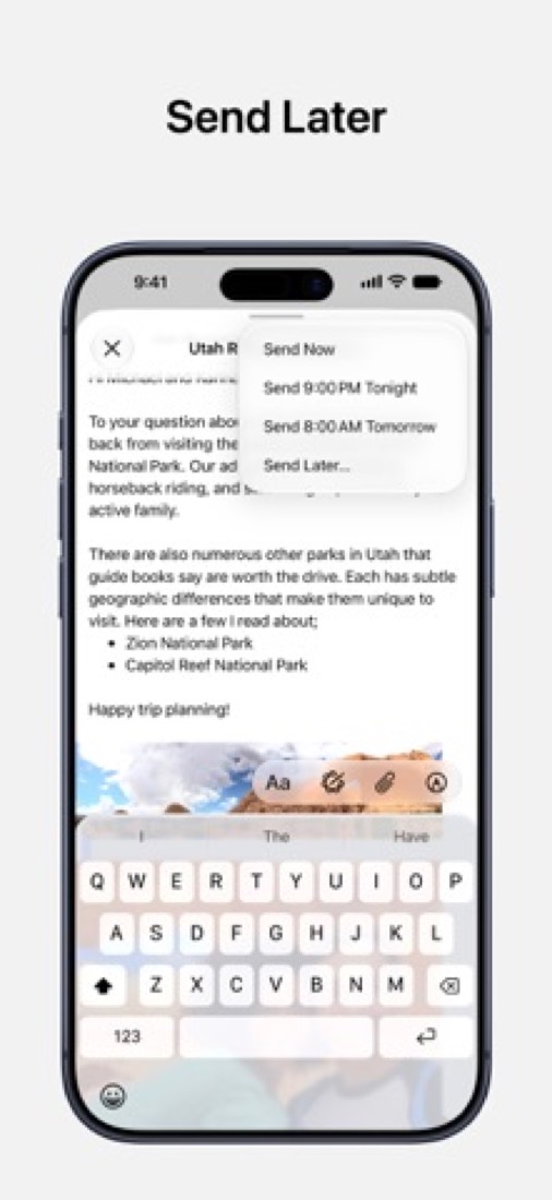 Apple Mail on an iPhone: the Send Later menu, with times to pick from.