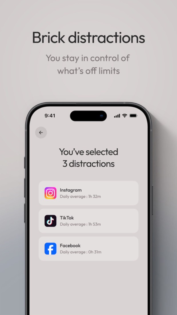 Brick on an iPhone: three apps picked for blocking, with their daily averages.