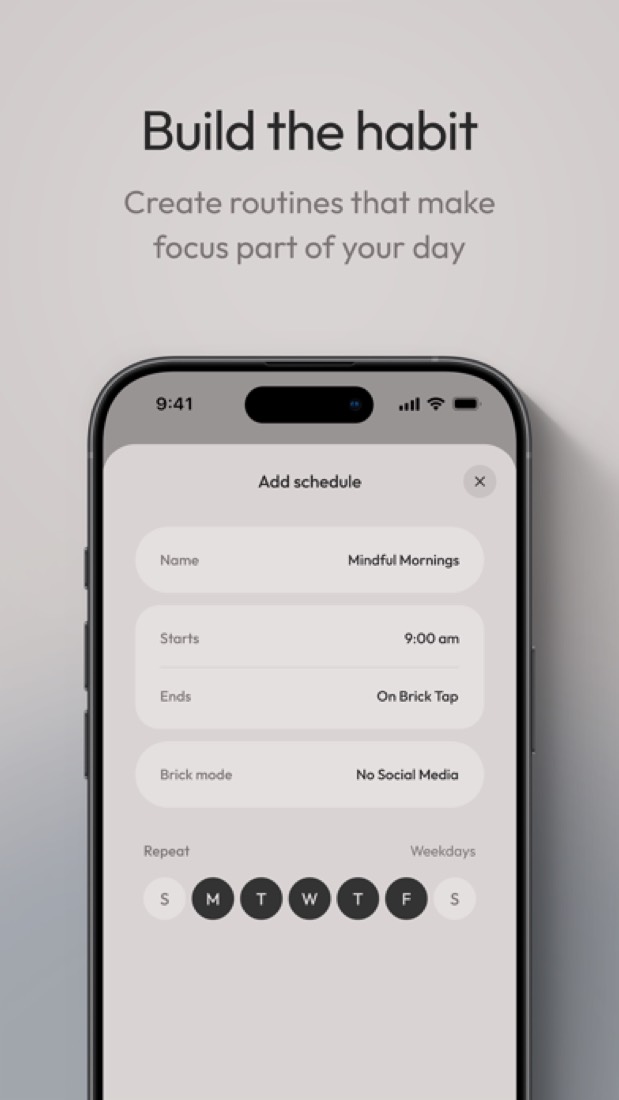 Brick on an iPhone: setting up a weekday schedule.