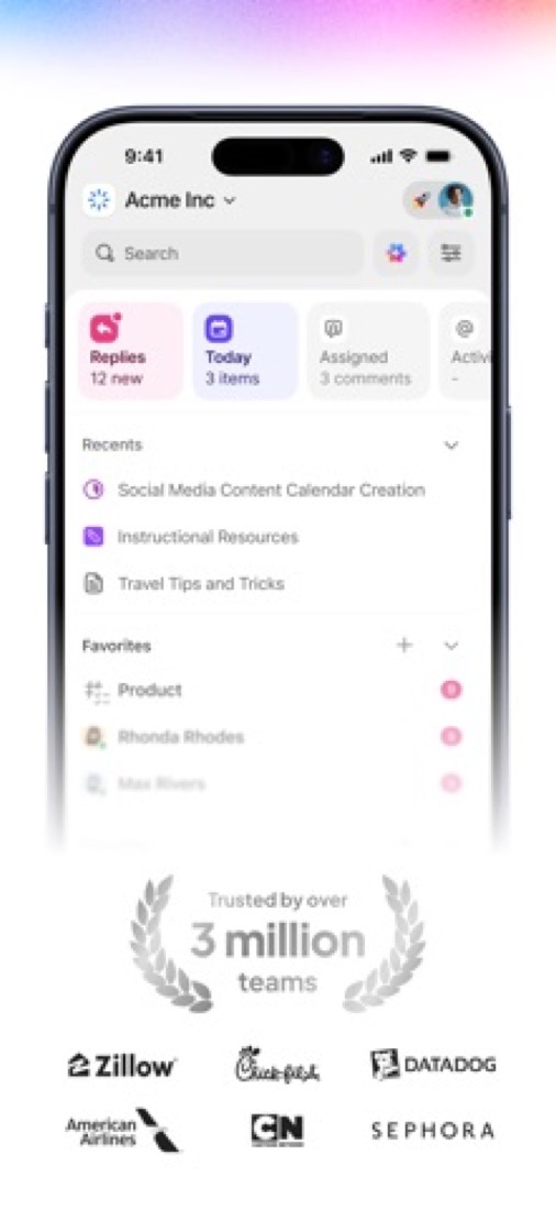 ClickUp on an iPhone: the workspace home, with replies, today's items and recent docs.