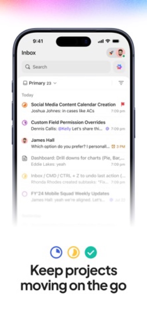 ClickUp on an iPhone: the inbox of updates and comments.