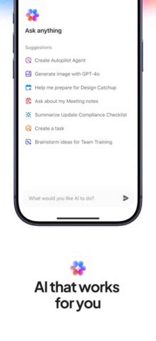 ClickUp on an iPhone: the AI assistant's suggested requests.