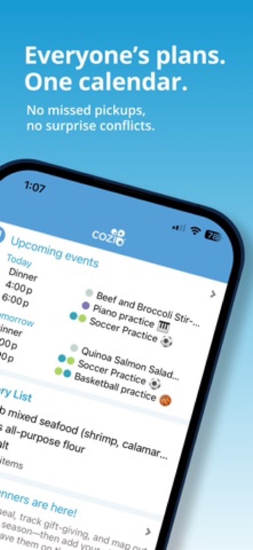 Cozi on an iPhone: upcoming events with a coloured dot for each person.