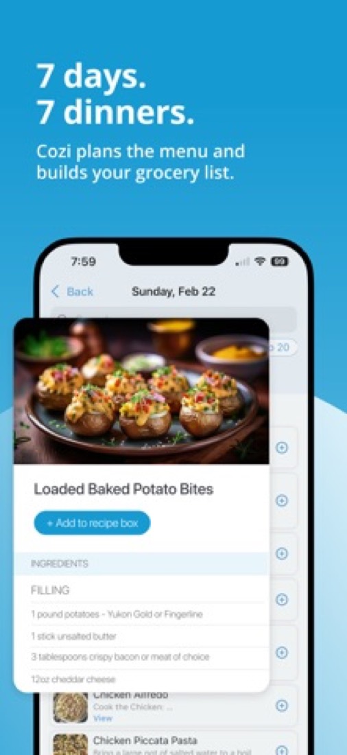 Cozi on an iPhone: a recipe in the meal planner, with its ingredients.