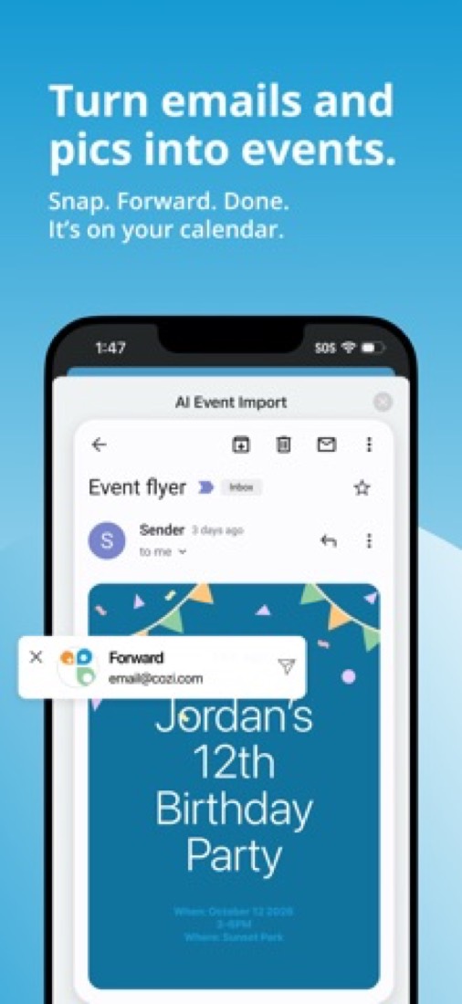Cozi on an iPhone: AI Event Import reading a party flyer from an email.