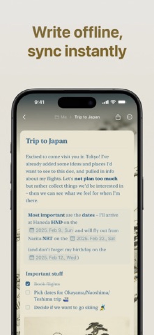 Craft on an iPhone: a trip plan with dates and a checklist.