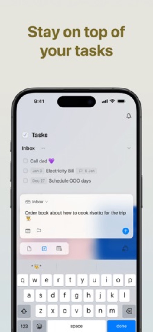 Craft on an iPhone: the task inbox, with a new task being typed.