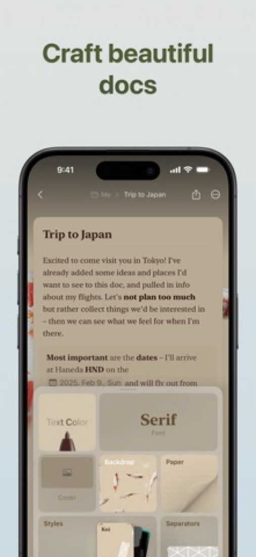 Craft on an iPhone: the styling panel for a doc's font, backdrop and paper.