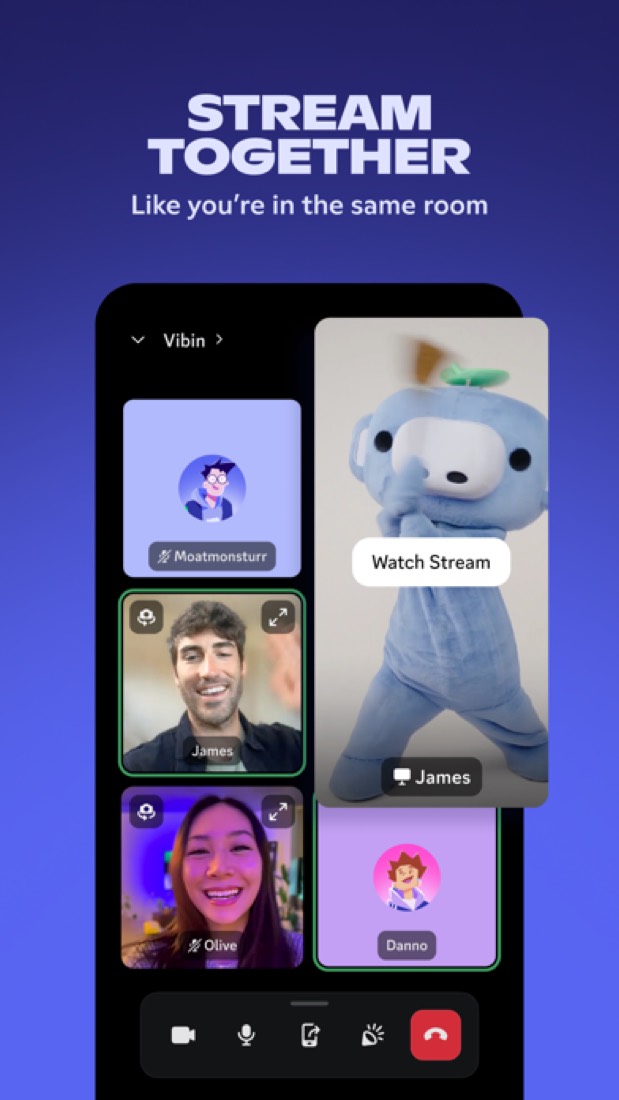 Discord on an iPhone: a group video call with a stream to watch.