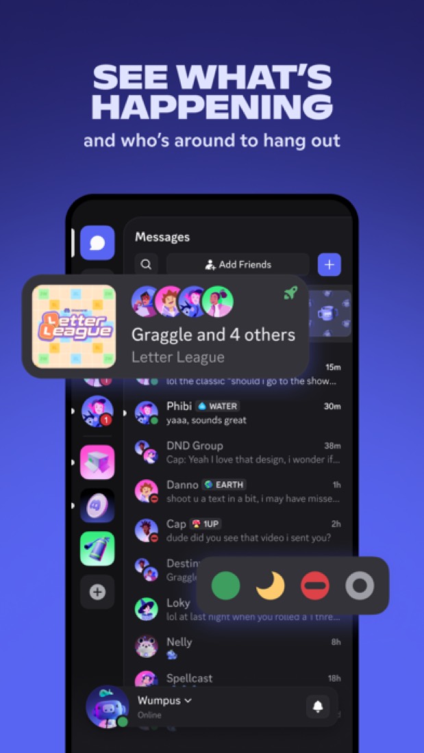 Discord on an iPhone: the messages list, with friends' statuses and a game in progress.