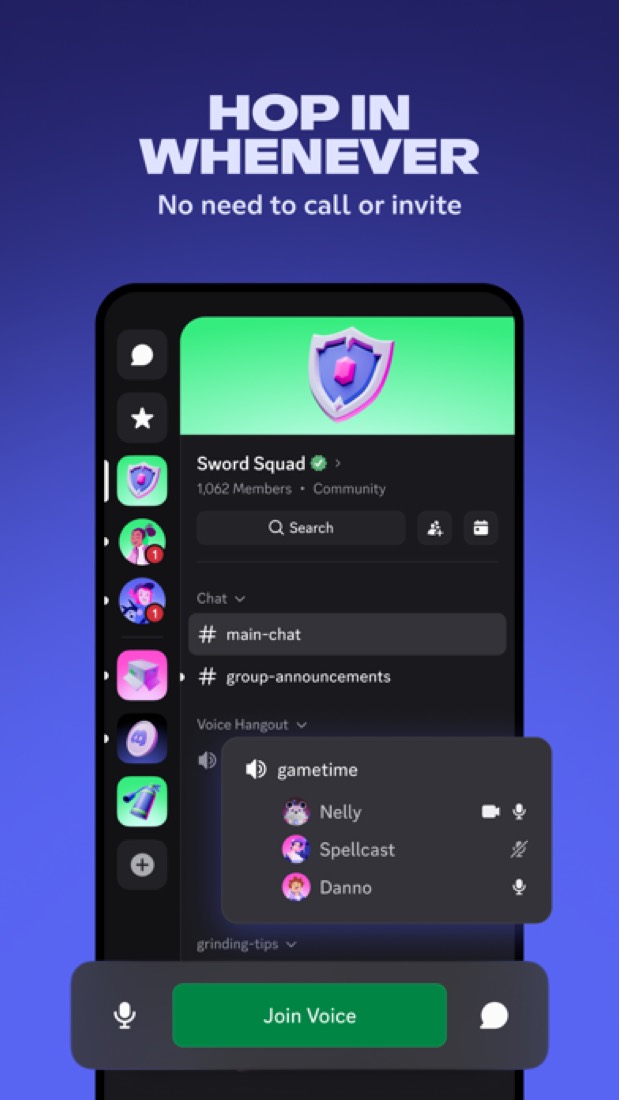 Discord on an iPhone: a server's text channels and a voice channel with three people in it.