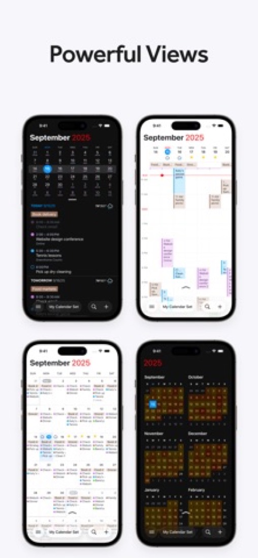 Fantastical on four iPhones: list, week, month and year views.