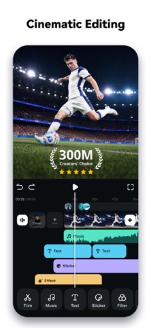 Filmora on an iPhone: the timeline, with tracks for music, text, stickers and effects.