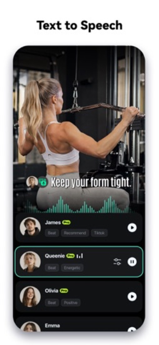 Filmora on an iPhone: choosing a voice for text to speech.