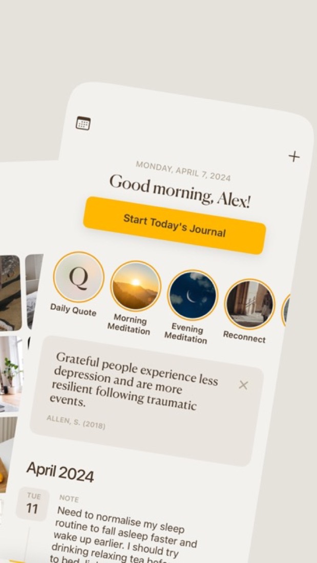 Five Minute Journal on an iPhone: the home screen, with today's journal, a daily quote and meditations.