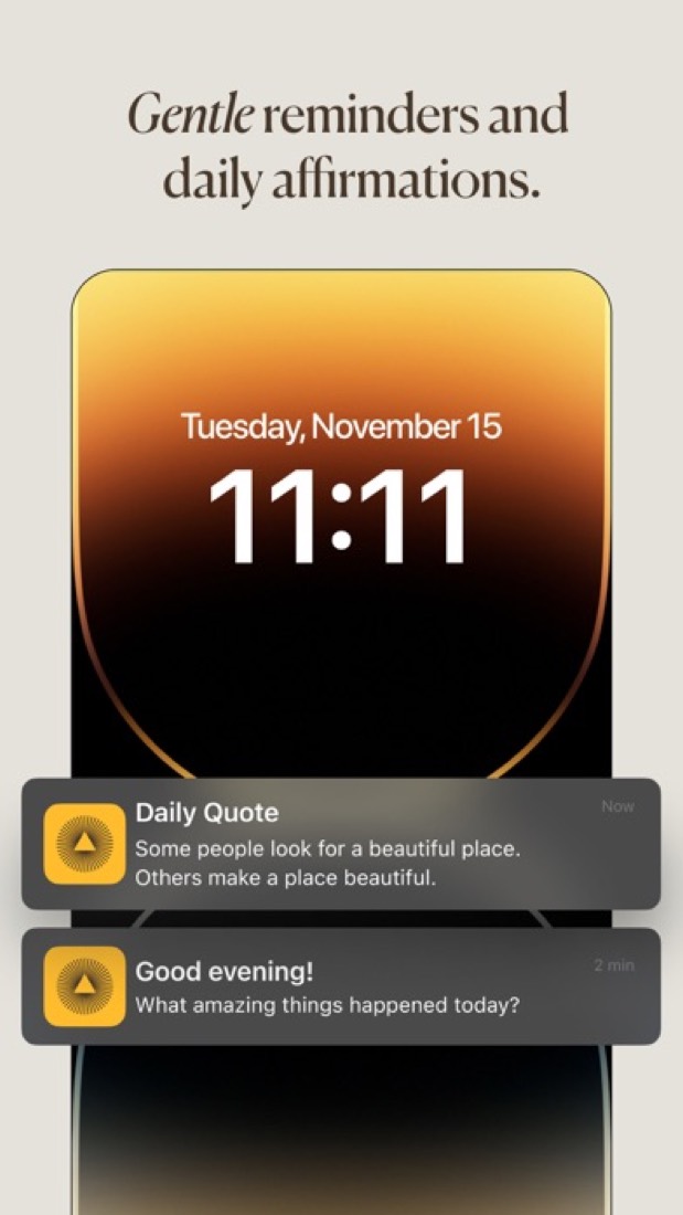 Five Minute Journal's reminders on an iPhone lock screen: a daily quote and the evening prompt.