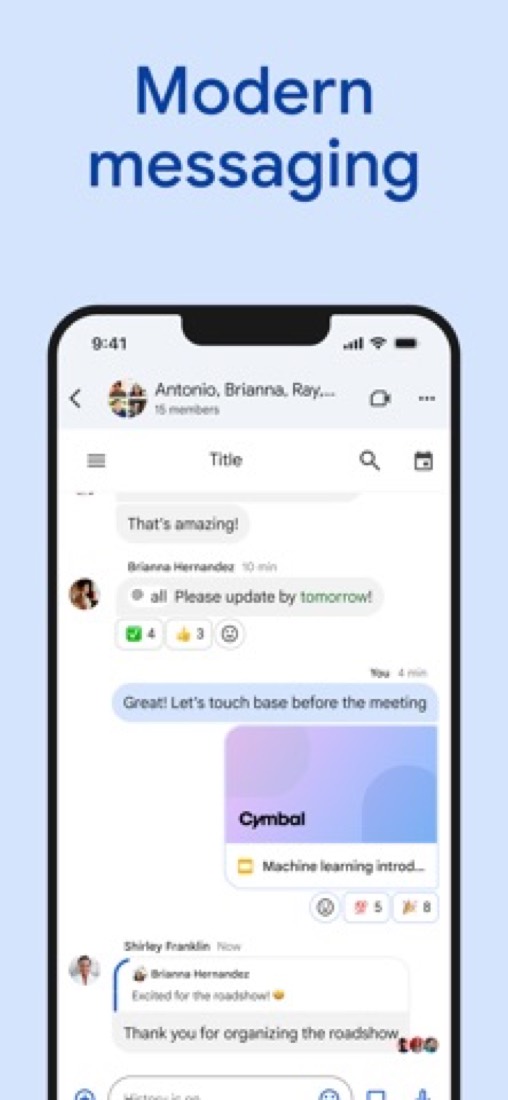 Google Chat on an iPhone: a group conversation with replies and reactions.