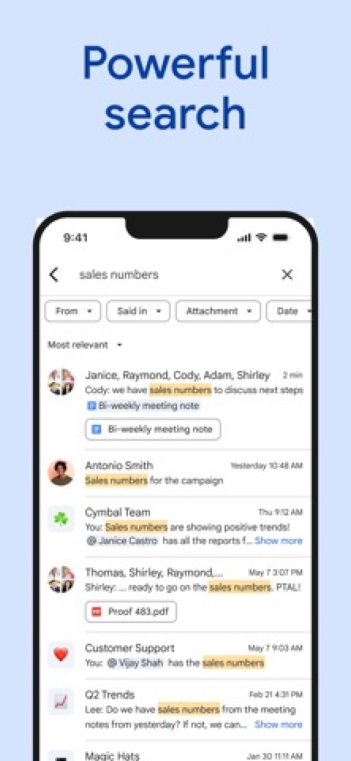 Google Chat on an iPhone: searching messages for "sales numbers".
