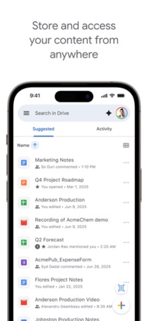 Google Drive on an iPhone: the home screen, with suggested files and who last touched them.
