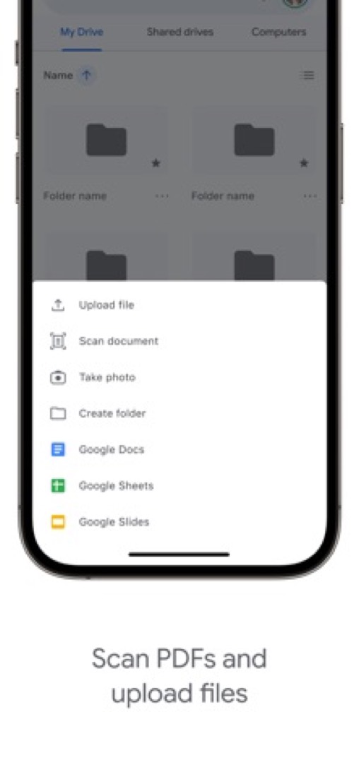 Google Drive on an iPhone: the add menu, for uploading a file, scanning a document or starting a Doc.