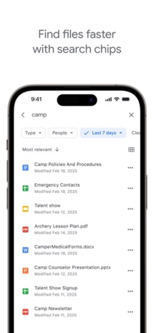 Google Drive on an iPhone: a search for "camp", narrowed to the last 7 days.
