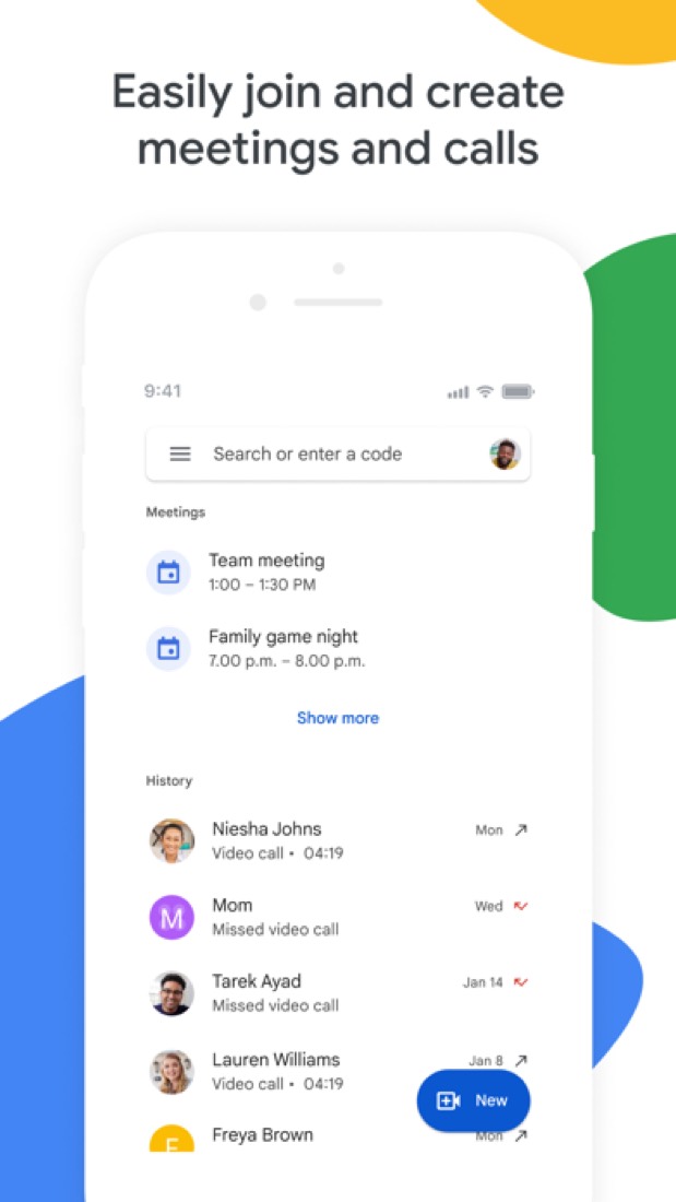 Google Meet on an iPhone: upcoming meetings and recent calls.