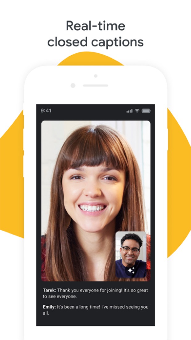 Google Meet on an iPhone: live captions under a video call.