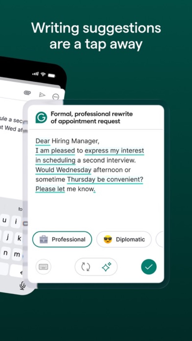 Grammarly's iPhone keyboard: a formal rewrite of an email, with tone options below it.