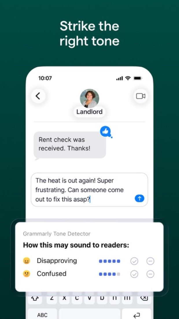 Grammarly's iPhone keyboard: the tone detector reading a text to a landlord.