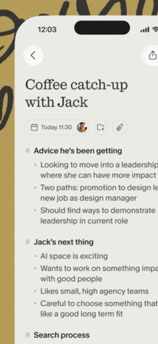 Granola on an iPhone: the notes from a conversation.