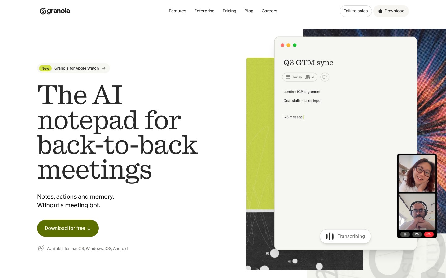 Granola's home page, with its notepad beside a video call.