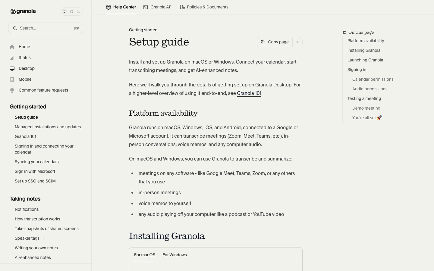 The setup guide in Granola's help centre.