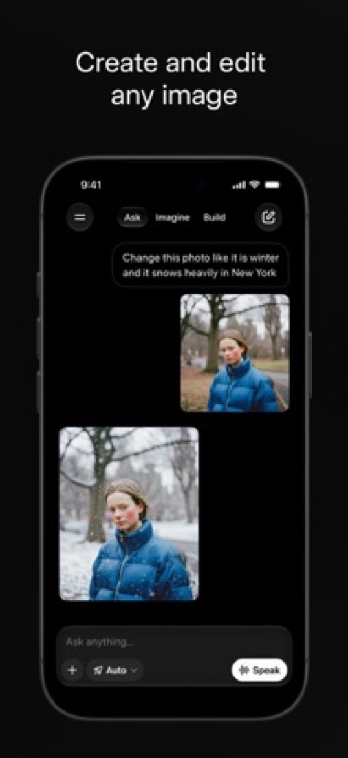 Grok on an iPhone: a photo of a woman in a park, edited to look like a snowy day.