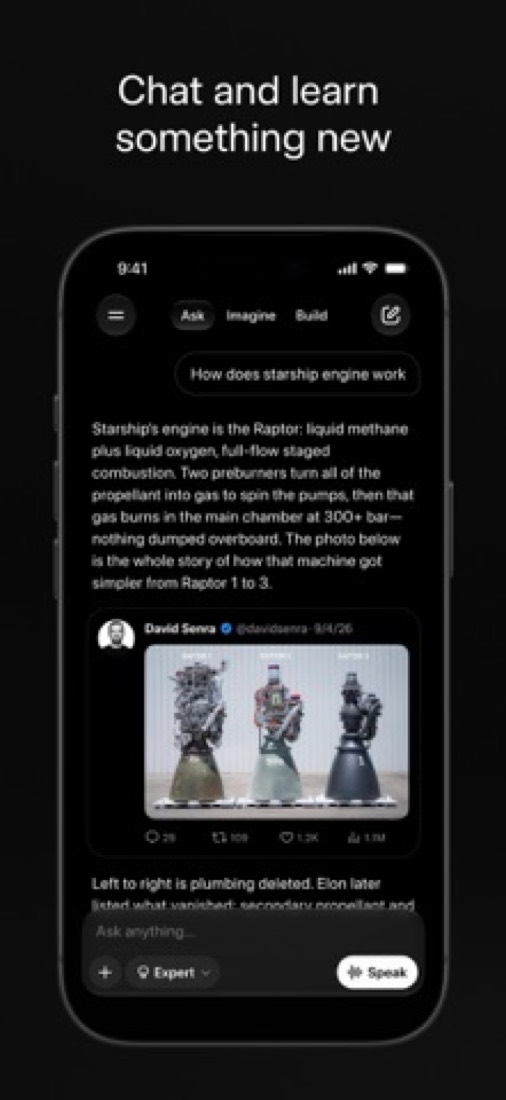 Grok on an iPhone: an answer about a rocket engine with a post from X shown under it.
