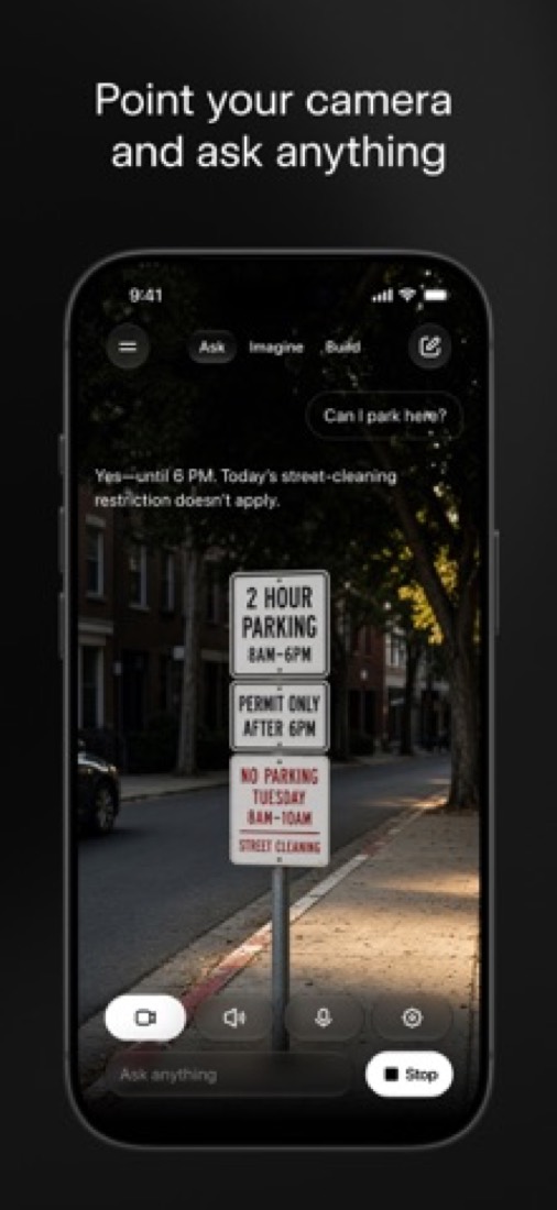 Grok on an iPhone: the camera pointed at parking signs, answering "Can I park here?"