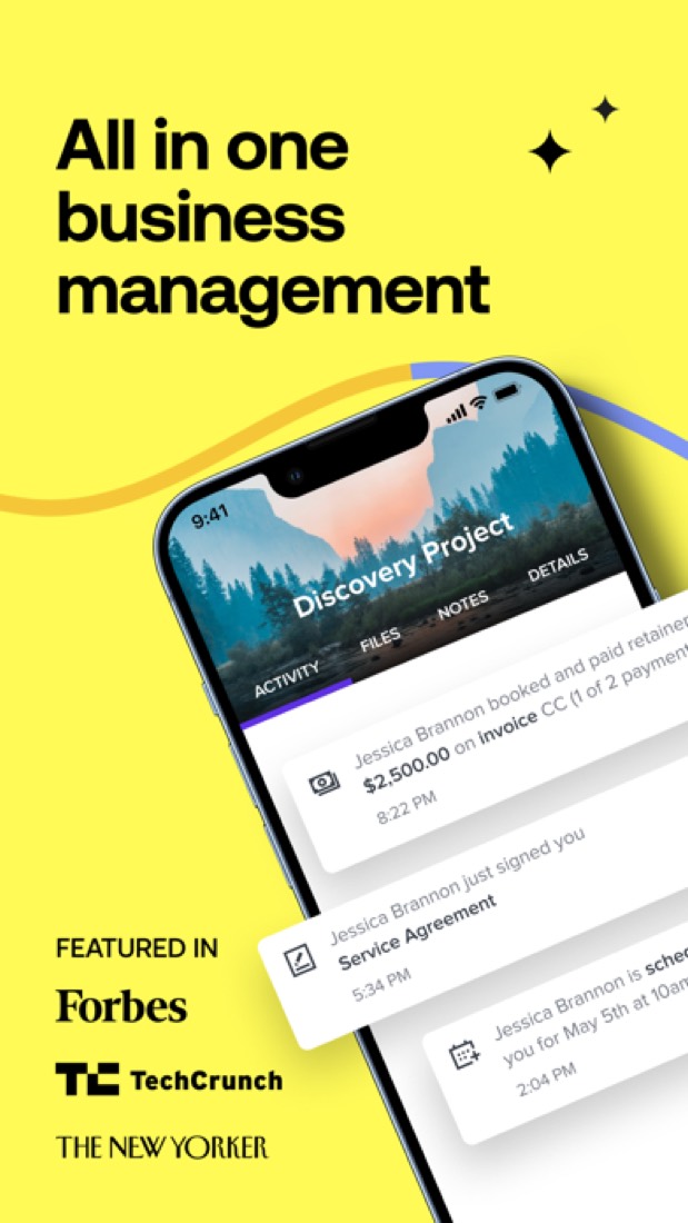 HoneyBook on an iPhone: a project's activity, with a paid retainer and a signed agreement.