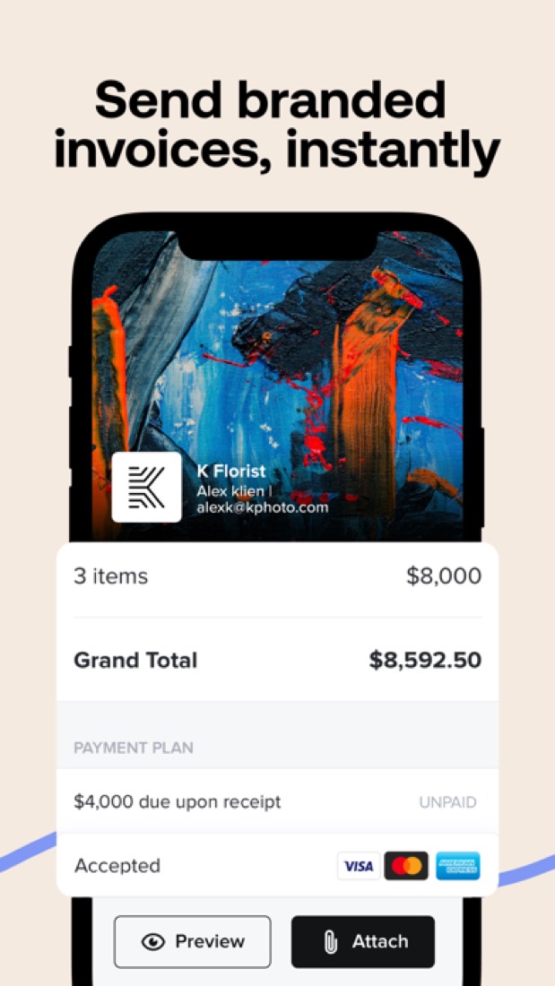 HoneyBook on an iPhone: a branded invoice with a payment plan.