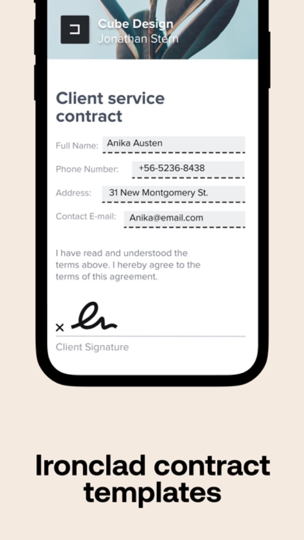 HoneyBook on an iPhone: a client contract, filled in and signed.