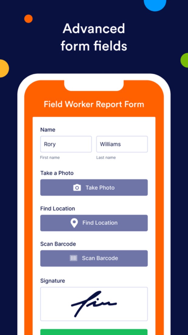 Jotform on an iPhone: a field report with photo, location and signature fields.
