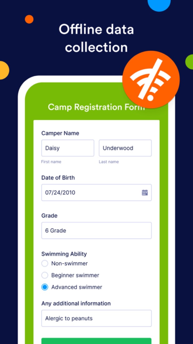 Jotform on an iPhone: a camp registration form for collecting answers offline.