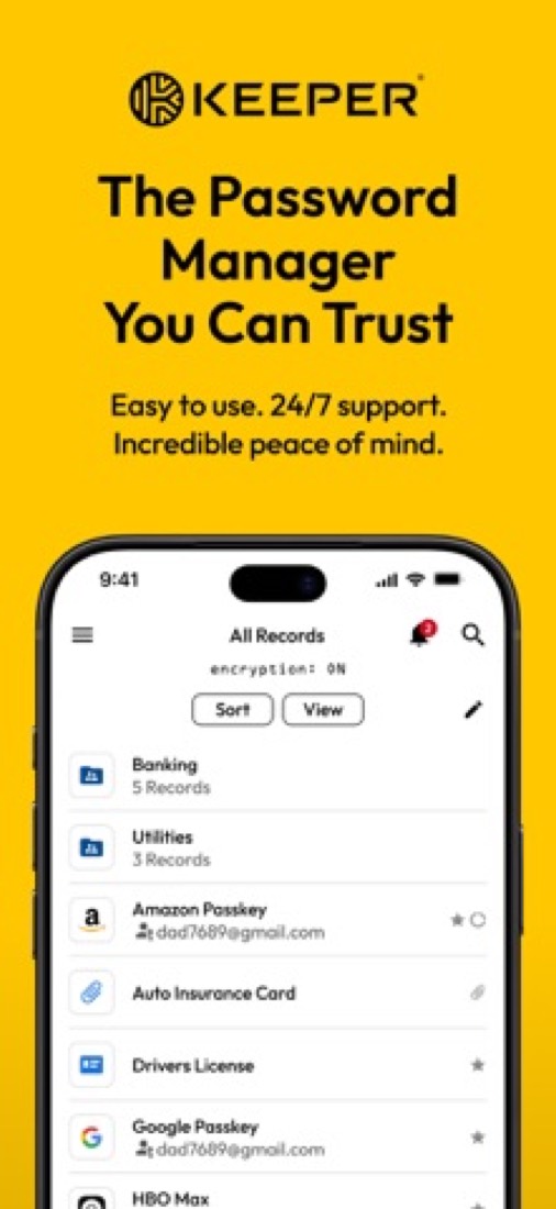 Keeper on an iPhone: the vault, with folders, passkeys and saved cards.