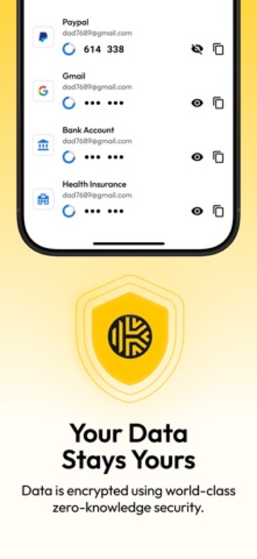 Keeper on an iPhone: saved logins with their two-factor codes.